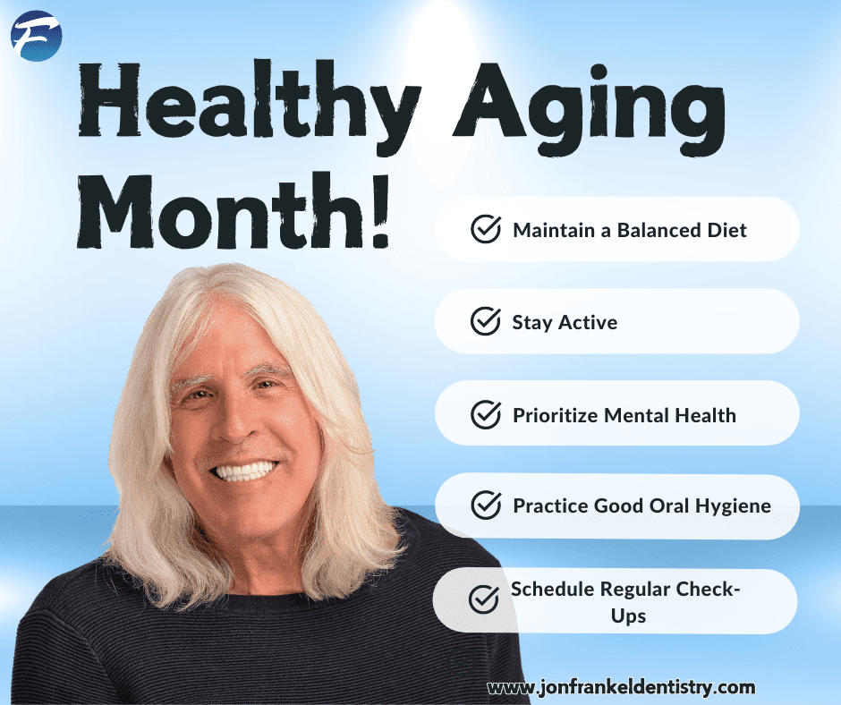 Smiling older man with "Healthy Aging Month" text. 